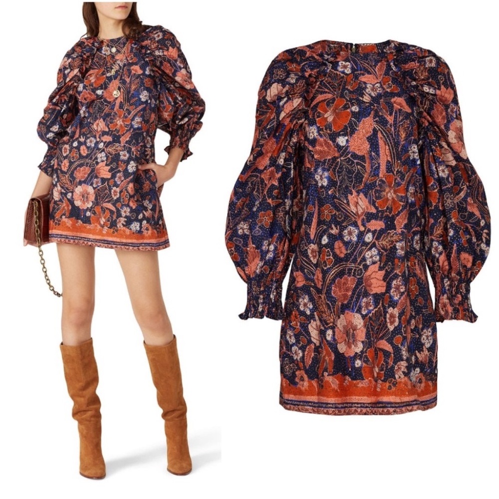 Ulla Johnson Devya Dress Midnight Blue Puff Sleeve Mini Dress Floral Sz 6 EUC